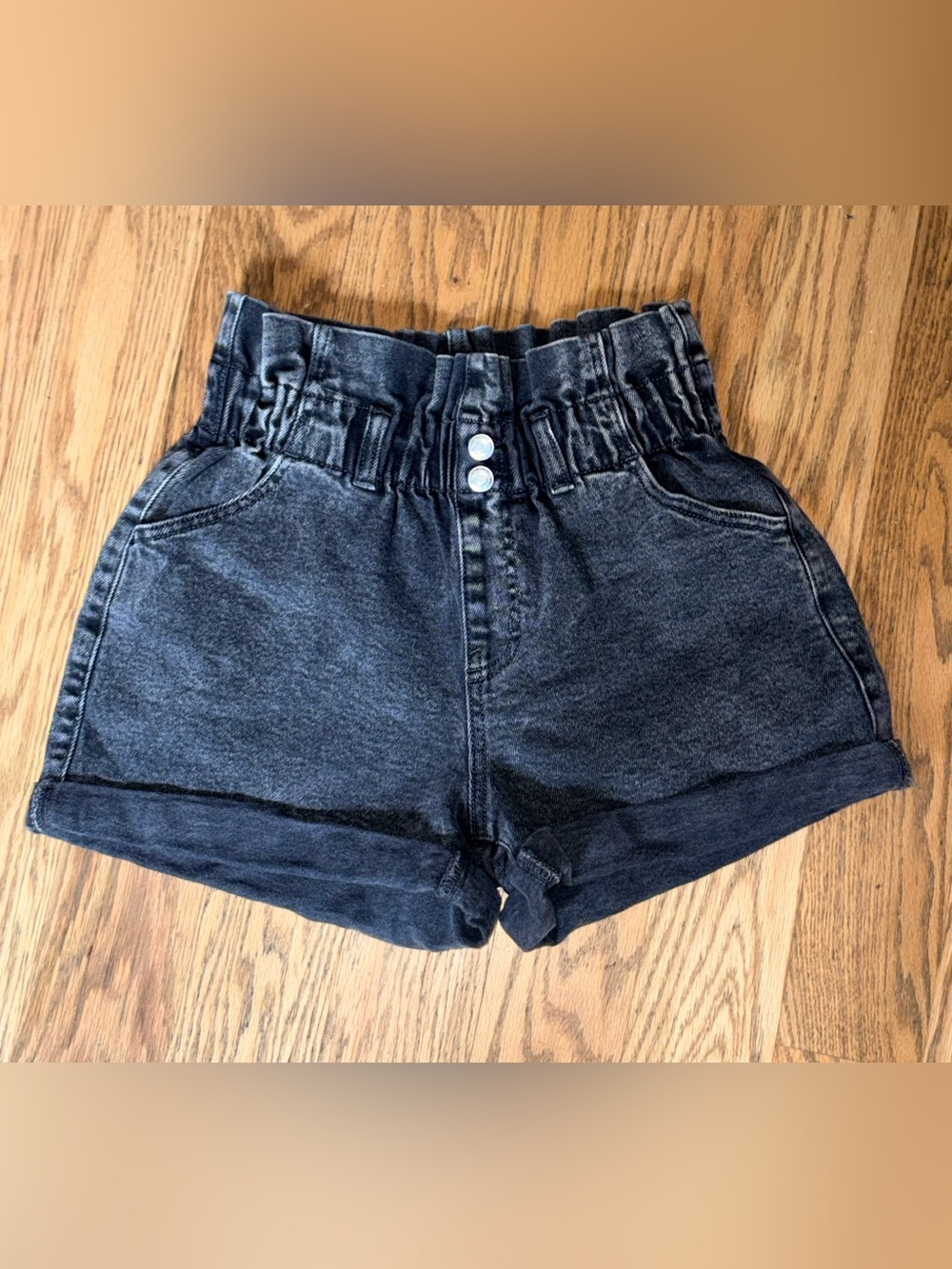 High-Waist Paperbag Black Denim Shorts